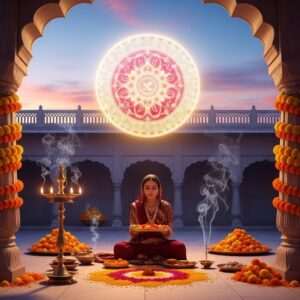 A serene and ethereal scene depicting a traditional Indian courtyard in Batala during the Rahu Kaal. In the center, an elegant Indian woman in a maroon saree, adorned with intricate gold jewelry, is performing a ritual under a large, glowing mandala that casts soft golden light. Around her are elements of a typical Jagran setting: an ornate oil lamp with gentle flames, vibrant marigold garlands, and subtle incense smoke curling upwards. The background features a soft pastel sky transitioning from day to twilight, symbolizing the mystical time of Rahu Kaal. The art style is hyperrealistic with a surreal touch, highlighting rich colors and cultural motifs, evoking a sense of spiritual harmony and tradition in a modern digital aesthetic.