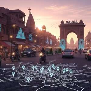 A vibrant and bustling scene of Dausa cityscape, captured at dawn with the first rays of sun casting a warm glow over traditional Indian architecture and modern buildings. The streets are filled with a blend of classic and contemporary vehicles, showcasing the blend of old and new. In the foreground, an intricately detailed map of Dausa is etched onto the cobblestone street, highlighted by glowing pinpoints representing various pincodes and RTO codes. The scene is enriched with deep colors like maroon and peacock blue, and soft glowing lights illuminate key landmarks. The art style is a fusion of traditional Indian motifs with modern digital aesthetics, creating a captivating, serene, and ethereal visual narrative that invites the viewer to explore the depths of Dausa's vibrant culture and data.