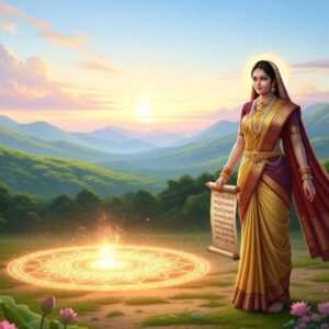 A serene landscape of ancient Vidarbha, featuring lush, rolling hills under a soft, pastel-hued sky. In the foreground, a beautiful Indian woman dressed in a flowing saffron and maroon traditional saree, adorned with intricate gold jewelry, stands gracefully. She holds a scroll with ancient script, symbolizing knowledge and history. Surrounding her are delicate lotus flowers and a glowing mandala that seems to float above the ground, casting a warm, ethereal light. The scene embodies tranquility and mystery, inviting the viewer to delve into the rich history and cultural significance of Vidarbha. The art style is hyperrealistic with a touch of digital fantasy, emphasizing the serene and spiritual essence of the region's ancient origins.
