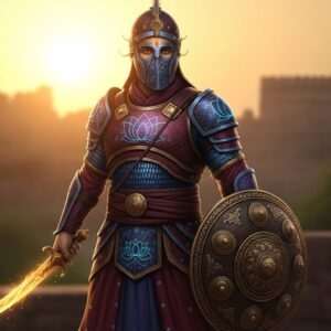 A regal Indian warrior, Bappa Rawal, stands poised and majestic against the backdrop of an ancient fort in Rawalpindi, with the sun setting behind him, casting a warm golden glow. His armor is intricately designed, blending traditional Rajput elements with modern digital aesthetics. He holds a sword in one hand, its blade reflecting the golden light, while the other hand rests on the hilt of a shield adorned with elaborate carvings. Around him, the scene is rich with deep colors like maroon and peacock blue, with subtle hints of lotus and mandala patterns subtly incorporated into his attire. The atmosphere is serene yet powerful, capturing the essence of his legacy and victories. The art style is hyperrealistic with ethereal overtones, inviting viewers into a world of historical valor and cultural heritage.