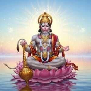A serene, ethereal digital illustration depicting Lord Hanuman, the mighty monkey deity, seated in a meditative posture on a lotus flower floating on calm water. The water surface softly reflects a pastel-colored sky with hues of soft blue and pale pink, accented by a warm golden glow. Hanuman is depicted with a strong, majestic physique and a gentle, focused expression. He has two hands, one holding a gada (mace) symbolizing strength and the other in a blessing gesture. His attire is traditional with saffron and maroon colors, complemented by intricate gold jewelry. Surrounding him are subtle, glowing mandalas and spiritual symbols subtly integrated into the background. The atmosphere exudes tranquility and spirituality, inviting the viewer to embark on a peaceful prayer journey.