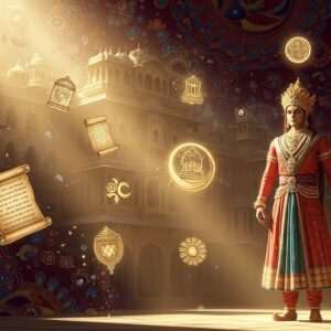 An ethereal, surreal depiction of a majestic Indian palace reminiscent of Jalore's royal heritage, bathed in soft, golden light that casts long shadows. The foreground features a regal figure dressed in traditional Rajasthani attire, adorned with intricate jewelry and a crown, standing with a commanding yet serene posture. The background is filled with delicate patterns inspired by Madhubani and Pattachitra art, incorporating rich hues of maroon and peacock blue. A series of historical motifs like ancient scrolls and symbolic emblems float gently around, illuminated by a gentle glow, giving the impression of history whispering its secrets. The scene is serene, inviting the viewer to explore the rich tapestry of Jalore's past through the lens of artistic modern digital aesthetics.