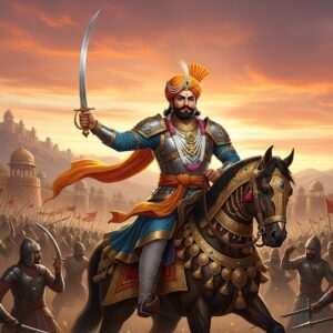 A majestic scene depicting Bappa Rawal, the legendary Indian warrior king, in the midst of a battle. He stands valiantly on a richly adorned warhorse, wearing a traditional Rajput armor with intricate golden patterns, and a saffron turban flowing in the wind. His eyes are focused and determined, holding a gleaming sword in one hand, raised high, symbolizing victory. The backdrop is an expansive battlefield with rolling hills and ancient forts in the distance. The sky is a vibrant blend of maroon and peacock blue, casting an ethereal glow over the scene. In the foreground, warriors clad in colorful attire engage in combat, their armor reflecting the glow of the setting sun. The entire scene is a fusion of traditional Indian art and modern digital aesthetics, emphasizing grandeur and the heroic spirit of Bappa Rawal's era. The atmosphere is dynamic yet serene, capturing the essence of valor and triumph.