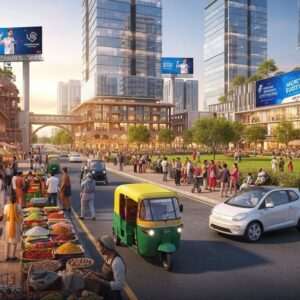 A bustling, modern cityscape of Amravati in 2026, showcasing a harmonious blend of traditional Indian architecture with sleek, contemporary buildings. The scene is alive with vibrant street life, featuring Indian residents engaging in daily activities such as shopping at a colorful market, children playing in a nearby park, and people commuting on eco-friendly vehicles. The skyline is adorned with digital billboards displaying cultural events and city updates. The lighting is warm and inviting, capturing the essence of a thriving, progressive community. The atmosphere is lively yet organized, reflecting a city that honors its heritage while embracing modern advancements. The overall art style is hyperrealistic with a touch of modern digital aesthetics, ensuring an eye-catching and informative visual representation.