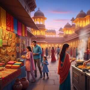 A vibrant, bustling Indian street scene during a lively festival, showcasing the rich cultural tapestry of Heritage Street. The foreground features a traditional Indian market stall adorned with colorful textiles, intricate jewelry, and ornate pottery, reflecting the local craftsmanship. Nearby, a food vendor prepares delicious, aromatic street food with steam rising in the air, attracting a diverse crowd. In the background, historical architecture with intricate carvings is illuminated by soft, golden lights that accentuate the festival atmosphere. The sky is a gentle gradient of twilight hues, enhancing the serene and ethereal quality of the scene. Indian families and tourists in modern attire blend harmoniously with traditional elements, embodying a sense of cultural celebration and community. The image conveys a feeling of warmth, excitement, and discovery, inviting viewers to explore and experience the essence of Heritage Street.