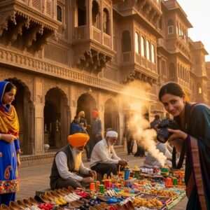 A vibrant, bustling scene of Amritsar's Heritage Street, bathed in the warm, golden glow of a setting sun. The street is lined with traditional Indian architecture, featuring intricately carved balconies and arched windows. People of diverse ages, dressed in colorful Indian attire, stroll through the street, admiring the beautifully lit facades and engaging with street vendors selling traditional Punjabi wares and delicacies. In the foreground, a young Indian woman in a modern saree captures the essence of the moment with her camera, her face lit with excitement and wonder. The atmosphere is rich with cultural motifs, blending seamlessly with a modern digital aesthetic—deep colors like maroon, saffron, and peacock blue dominate the scene, reflecting the vibrancy and soul of Amritsar. The art style is hyperrealistic with a touch of surrealism, evoking a sense of nostalgia and curiosity for this cultural journey.