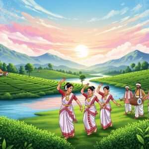 An enchanting scene of an Assamese village nestled amidst lush green tea gardens under a vibrant, ethereal sky. Traditional Assamese women in elegant mekhela chadors, adorned with intricate gold jewelry, are depicted in the foreground, engaging in a lively Bihu dance. Their movements are fluid and graceful, evoking a sense of joy and celebration. Behind them, a mystical river flows serenely, reflecting the soft pastel hues of the sky. A group of men in dhotis and gamchas play traditional musical instruments like dhol and pepa, adding a rhythmic harmony to the scene. Intricate patterns inspired by Assamese weaves and motifs subtly embellish the landscape, merging tradition with modern digital aesthetics. The overall atmosphere is serene, surreal, and deeply cultural, inviting the viewer to delve into the rich folklore of Assam.