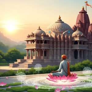 A serene, ethereal depiction of an ancient Jain temple in Pali, Rajasthan, bathed in the soft, warm glow of the setting sun. The temple's intricate stone carvings and domed architecture are highlighted with a modern digital touch, incorporating rich colors like maroon and peacock blue. In the foreground, a calm monk dressed in traditional white attire meditates peacefully on a lotus flower platform, surrounded by softly glowing mandalas and delicate lotus petals. The backdrop features gentle hills and lush greenery, capturing the tranquility and spiritual essence of the region. The image exudes a sense of harmony and mindfulness, merging historical richness with contemporary digital aesthetics.