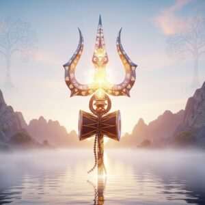 A hyper-realistic depiction of a majestic Trishula (trident) emerging from a serene, ethereal landscape. The central prong of the trident is intricately adorned with glowing mandalas and lotus motifs, symbolizing divine power and spiritual balance. The trident's shafts are wrapped in golden threads that shimmer with a soft, surreal light. Surrounding the Trishula is a tranquil water surface reflecting a pastel-colored sky, blending shades of soft blue, pale pink, and warm gold. In the background, subtle hints of Hindu spiritual symbols and intricate patterns reminiscent of traditional Indian art forms like Madhubani, Pattachitra, and Phad are seamlessly integrated into the modern digital aesthetics. The scene conveys an aura of divinity, serenity, and the profound spiritual significance of Shakti.