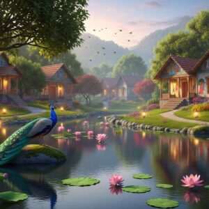 A serene, ethereal landscape depicting the tranquil beauty of Yawal, India. The scene showcases a lush, green landscape with a calm, reflective water body surrounded by vibrant flora. Traditional Indian cottages with ornate detailing are nestled in the background, harmoniously blending with nature. Soft glowing lights illuminate the scene, casting a warm, inviting glow over the landscape. A majestic peacock with iridescent feathers gracefully perches near the water's edge, embodying the spirit of Yawal. The sky is painted with pastel hues of dawn, and delicate lotus flowers float on the water's surface. This hyper-realistic digital artwork merges traditional Indian aesthetics with modern digital artistry, evoking a sense of peace and wonder, enticing viewers to explore Yawal's serene beauty and cultural richness.