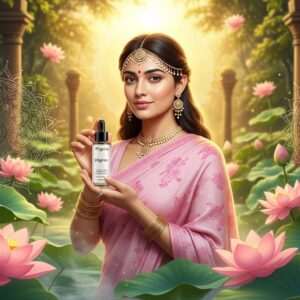A serene, ethereal scene featuring a radiant Indian woman with flawless, glowing skin, standing amidst a tranquil garden filled with soft, glowing pastel-colored lotus flowers and delicate mandalas. The woman is gently holding a bottle of Pilgrim serum, with a serene expression of peace and confidence on her face. The background showcases a surreal blend of gentle mist and warm golden light filtering through lush greenery, creating an atmosphere of tranquility and harmony. The overall aesthetic combines modern digital aesthetics with traditional Indian art motifs, emphasizing the beauty and effectiveness of the serum in achieving even skin tone. The image is hyperrealistic, with intricate details and a spiritual touch, inviting readers to explore the secrets of achieving radiant skin.