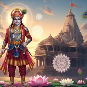 A majestic, ethereal scene depicting the legendary Bappa Rawal in a serene, spiritual setting. He stands in traditional Rajput warrior attire, intricately detailed with gold and maroon patterns, against a backdrop of the ancient Eklingji temple. The temple is bathed in soft, warm light, casting a divine glow. Bappa Rawal is shown with a calm, resolute expression, symbolizing faith and fortitude. Around him, luminous mandalas float gently, and lotus flowers bloom at his feet. The sky is a blend of pastel hues with subtle saffron and peacock blue tones. This hyperrealistic, modern digital artwork captures the essence of devotion and spiritual legacy with a harmonious blend of traditional Indian art forms and contemporary aesthetics.