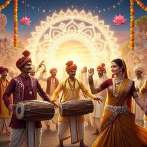 An enchanting depiction of Vidarbha's vibrant cultural festival scene, featuring a lively gathering of Indian men and women in traditional Vidarbha attire, adorned with rich gold and maroon hues. They are engaged in joyous dance and music, surrounded by intricate patterns of Madhubani and Pattachitra art. The background showcases a grand, glowing mandala and peacock blue skies, creating a dreamlike atmosphere. Stylized lotus flowers and marigold garlands add to the festivity. The scene radiates warmth and joy, capturing the essence of celebration and tradition. The art style is hyperrealistic with a touch of modern digital aesthetics, emphasizing cultural richness and harmony.