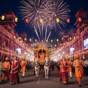 A vibrant and festive scene depicting the 'Babe Da Viah' celebration in Batala, 2026. The image showcases a grand procession with elegantly dressed Indian men and women in traditional attire, adorned with intricate gold jewelry, walking through a beautifully decorated street. The scene is illuminated by glowing lanterns and colorful fireworks in the evening sky. In the foreground, a majestic horse-drawn carriage with traditional Punjabi motifs, and musicians playing dhols and shehnai add to the festive atmosphere. The backdrop features a blend of historic architecture and modern digital aesthetics, with deep maroon and saffron hues dominating the color palette. The image captures the essence of cultural heritage and celebration, invoking a sense of joy and community.