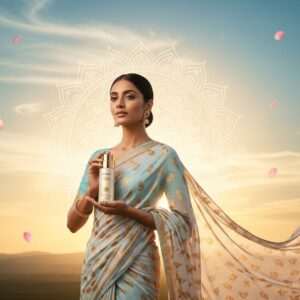 An enchanting Indian woman with radiant skin, standing in a serene landscape, holding a shimmering bottle of sunscreen. Her expression is calm and confident, embodying a sense of protection and care. She wears a flowing pastel saree adorned with delicate gold patterns, complemented by subtle gold jewelry. Behind her, a glowing mandala with intricate patterns subtly merges with the warm golden light of a setting sun, casting a soft glow around her. The sky is a blend of pastel blues and pinks, with gentle lotus petals drifting through the air. The overall atmosphere is serene, ethereal, and modern, emphasizing both beauty and protection.