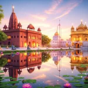 A serene landscape of Sasaram, featuring a tranquil ashram with intricate Indian architectural elements, and a sacred gurudwara glowing softly under a pastel sky. The foreground showcases a calm water surface reflecting the structures, surrounded by lush greenery and blooming lotus flowers. Ethereal, soft glowing lights and a warm, golden aura envelop the scene, capturing the essence of peace and spirituality. Indian figures in traditional attire are meditating peacefully, adding a touch of life and harmony. The art style is hyperrealistic with a surreal quality, blending traditional motifs with modern digital aesthetics to create an inviting, spiritual atmosphere.