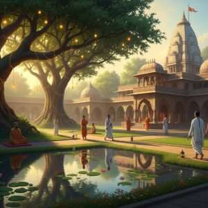 A serene depiction of an Indian ashram nestled amidst lush greenery and tranquil water bodies, capturing the essence of peace and spirituality. The ashram is surrounded by ancient trees with soft, glowing lights filtering through the branches, creating a dreamlike atmosphere. In the foreground, a calm pond reflects the ashram's silhouette, with lotus flowers gently floating on its surface. Indian spiritual seekers in traditional attire, meditating or walking peacefully along the ashram's pathways, add a human element. The scene is bathed in warm, golden hues, highlighting the ethereal and surreal quality of the setting. The art style should merge traditional Indian motifs with modern digital aesthetics, emphasizing harmony and mindfulness.