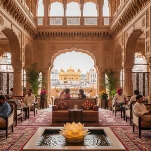 A serene and ethereal scene depicting an elegant, contemporary Indian hotel lobby near Amritsar's Heritage Street. The lobby is bathed in warm, golden light, accentuating intricate Indian architectural details reminiscent of traditional designs. Lush green indoor plants and a softly glowing lotus fountain create a peaceful ambiance. Guests, dressed in modern yet culturally inspired attire, are seen relaxing in plush seating areas, sipping chai and engaging in tranquil conversations. Large windows offer a view of the iconic Heritage Street outside, with its vibrant, bustling atmosphere. The scene balances modern luxury with cultural heritage, creating an inviting and calming visual narrative.