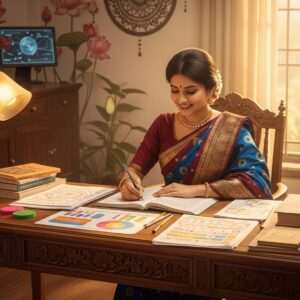 A serene, ethereal scene depicting a young Indian woman sitting peacefully at a beautifully carved wooden desk, surrounded by open books, colorful charts, and intricate worksheets. She is adorned in a modern Bengali sari with a blend of deep maroon and peacock blue hues, accented with gold embroidery. Soft, glowing light filters through a nearby window, casting warm golden tones across the room filled with traditional Bengali motifs like lotus flowers and mandalas. The background showcases an elegant blend of digital aesthetics with traditional Indian decor. Her expression is one of concentration and joy as she immerses herself in learning. The image conveys tranquility and harmony, inviting readers to explore the world of Bengali language learning resources.