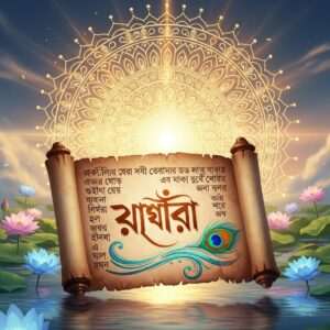 An intricately designed digital scene featuring a serene and ethereal atmosphere. In the foreground, an open ancient scroll floats gently above a calm water surface, adorned with delicate Bengali script and symbols glowing softly in gold and peacock blue. Surrounding the scroll are vibrant lotus flowers with petals shimmering in pastel hues of soft blue and pale pink. In the background, an ornate mandala radiates warm golden light, creating a halo effect that merges traditional Indian art forms with modern digital aesthetics. The scene is peaceful, inviting, and spiritually uplifting, with soft, dreamy clouds in the sky, embodying the essence of learning and cultural heritage.