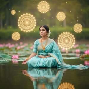 A serene and ethereal scene depicting a young Indian woman sitting cross-legged on a calm, reflective water surface. She is dressed in a traditional Bengali saree in pastel shades of soft blue and pale pink, adorned with intricate gold jewelry. Around her, glowing mandalas float gently in the air, each with a soft golden hue that adds warmth to the composition. In the background, a dreamlike landscape of lush greenery and softly glowing lotus flowers. The atmosphere exudes tranquility and cultural richness, inviting viewers into a harmonious blend of tradition and modernity. The art style is hyperrealistic with a surreal touch, capturing the essence of Bengali culture and language learning in a captivating visual narrative.