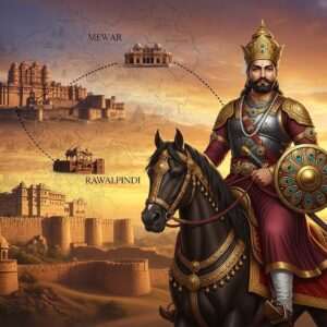 A majestic depiction of Bappa Rawal, the legendary Rajput king, in regal attire with a golden crown and intricately designed armor, riding a magnificent horse. In the background, a map-like overlay seamlessly connects the regions of Mewar and Rawalpindi with ancient architectural elements from both places, such as the forts of Mewar and the historical structures of Rawalpindi. The scene is set during a vibrant sunset, casting a warm, golden glow over the landscape. The artwork features rich colors like maroon, gold, and peacock blue, with cultural motifs subtly integrated into the design, embodying a fusion of tradition and modernity. The atmosphere is historical yet contemporary, capturing the essence of a timeless journey.