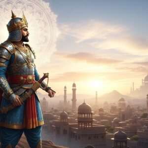 An Indian warrior king, Bappa Rawal, clad in traditional Rajput armor with a regal and commanding presence, stands on a majestic hill overlooking the ancient cityscape that suggests a blend of Mewar and early Rawalpindi. His armor is intricately detailed with gold and peacock blue accents, reflecting the richness of Indian art. Behind him, a serene sky transitions from dawn to dusk, painted in soft pastel hues of pale pink and warm gold. In the distance, stylized architectural motifs suggestive of both Indian and Pakistani heritage rise subtly in the landscape. The scene is ethereal and surreal, with a glowing mandala subtly integrated into the sky, hinting at the spiritual and historical connections between the regions. The lighting is soft yet luminous, capturing a sense of timelessness and legacy. The overall tone is one of historical grandeur and cultural fusion, inviting curiosity about the rich tapestry of Bappa Rawal's influence across regions.