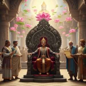 A hyperrealistic, ethereal scene depicting Emperor Bindusara seated majestically on a grand, ornate throne adorned with intricate patterns inspired by traditional Indian art forms. The emperor is dressed in regal attire featuring rich maroon and gold fabrics, with a peacock blue sash. Around him are envoys from different ancient civilizations, each in their distinct traditional attire, symbolizing global connections. The background is a fusion of ancient Indian architecture with surreal elements, like glowing mandalas and softly illuminated lotus flowers. The setting is enveloped in a warm, golden light that emphasizes the aura of diplomacy and cultural exchange. The scene exudes an air of historical significance and spiritual depth, inviting viewers to delve into the rich tapestry of ancient India's foreign relations.