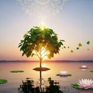 A serene, ethereal garden scene depicting a young Bodhi tree bathed in soft, warm golden light. The tree's heart-shaped leaves are gently swaying, shimmering with subtle hues of green and gold. In the background, a calm water surface reflects the tree's elegant silhouette, surrounded by a pastel palette of soft blues and pale pinks. A glowing mandala hovers above the tree, casting an aura of spiritual tranquility. Stylized lotus flowers float gracefully on the water, adding an element of purity and peace. The overall atmosphere is harmonious, inviting, and spiritually uplifting, with a modern digital aesthetic that blends traditional Indian art forms with contemporary design. The scene captures the essence of a sacred journey, evoking curiosity and inspiration for the reader.