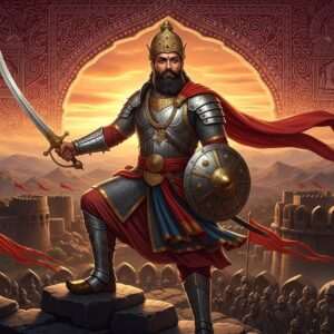 A regal depiction of Bappa Rawal, a legendary Indian warrior king, standing valiantly atop a fortified ancient fortress, overlooking vast, rugged landscapes under a twilight sky. He is clad in intricate armor with elements inspired by traditional Rajput design, his face strong and resolute. In his right hand, he holds a gleaming sword that catches the light of a setting sun, casting a golden glow. The scene is filled with an air of triumph and history, with banners fluttering in the wind. The background features detailed patterns reminiscent of Pattachitra art, with deep maroon and peacock blue hues. The mood is both historical and ethereal, capturing the essence of bravery and strategic brilliance. The style is hyperrealistic, blending digital aesthetics with traditional art forms, drawing the viewer into an epic narrative.