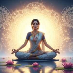 An Indian woman sitting in a serene lotus position, her hands gracefully forming the Trishula Mudra, against a tranquil backdrop of glowing mandalas. The scene is enveloped in soft pastel hues of warm gold and pale blue, with ethereal light emanating from her, symbolizing divine energy. Around her, there are stylized, intricate patterns reminiscent of traditional Indian art forms like Madhubani and Pattachitra, interwoven with modern digital aesthetics. Lotus flowers float gently on calm water surfaces, enhancing the spiritual ambiance. The woman is adorned in a simple, elegant saree with subtle gold accents, and the atmosphere exudes tranquility and mindfulness. The art style is hyperrealistic, capturing the essence of spiritual awakening and harmony.