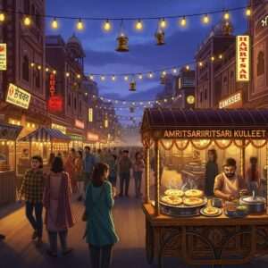 A bustling scene of Heritage Street, Amritsar, at twilight, with a vibrant mix of traditional and modern aesthetics. Indian families and food enthusiasts of diverse ages walk along the street, admiring the colorful array of food stalls and street vendors offering mouth-watering Punjabi delicacies. The street is adorned with twinkling fairy lights and traditional lamps, casting a warm, inviting glow. Richly detailed facades of historic buildings blend with modern signage. In the foreground, a beautifully decorated cart serving steaming hot Amritsari kulchas is surrounded by eager patrons. The atmosphere is lively yet serene, capturing the essence of cultural heritage and modernity. Deep colors like maroon and peacock blue dominate, with golden highlights creating an ethereal ambiance. The art style is hyperrealistic with intricate patterns reminiscent of Madhubani art, capturing the spirit of Amritsar's rich culinary culture.
