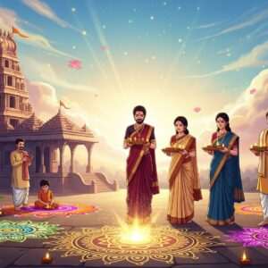 A serene, ethereal depiction of a Hindu festival scene, showcasing a traditional Indian family celebrating amidst a vibrant landscape. The setting includes an ornate temple adorned with intricate carvings and colorful rangoli patterns on the ground. In the foreground, a glowing mandala radiates soft golden light, symbolizing spiritual enlightenment. The family members, dressed in elegant sarees and kurta-pajamas in shades of maroon, saffron, and peacock blue, are engaged in offering prayers with traditional thalis and diya lamps. A background of pastel-hued skies with gentle floating lotus flowers adds a surreal touch, while golden rays of sunlight illuminate the scene, creating an atmosphere of harmony and mindfulness. The art style is a blend of traditional Indian aesthetics with modern digital elements, providing a captivating and culturally rich visual experience.