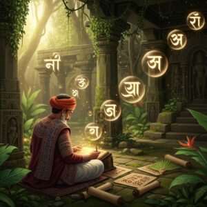 An ethereal depiction of the evolution of the Bengali script, featuring an ancient Indian scribe seated in a serene, lush environment, surrounded by scrolls and manuscripts. The scribe is depicted in traditional attire, with intricate patterns reminiscent of Madhubani art. The background showcases a mystical blend of ancient temples and nature, with soft glowing lights illuminating the scene. The color palette includes deep maroon, gold, and peacock blue, symbolizing the rich cultural heritage. Floating in the air are abstract, glowing representations of script symbols, gently transitioning from ancient to modern forms. The overall atmosphere is tranquil and spiritual, capturing the essence of history and innovation.