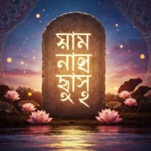 An intricate, ethereal depiction of an ancient stone tablet with the Bengali script subtly etched into it, glowing softly against a twilight sky. The scene is adorned with elements of traditional Bengali art, such as delicate lotus flowers and detailed mandala patterns in the background, all rendered in rich, deep colors like maroon and peacock blue. Golden hues and soft lighting create a serene atmosphere, enhancing the spiritual essence of the historical journey. In the foreground, a tranquil river reflects the vibrant colors of the sky, adding a modern digital aesthetic to the traditional theme. The overall composition is hyperrealistic and surreal, inviting viewers to delve into the rich history and evolution of the Bengali alphabet.