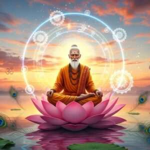 A serene Indian landscape bathed in the soft glow of a rising sun, where a wise, elderly Indian sage with flowing white hair and beard sits cross-legged in meditation on a large lotus flower. He is surrounded by an ethereal, pastel-hued aura, with glowing mandalas gently floating around him. The scene includes elements like a calm water surface reflecting the colors of the sky, peacock feathers, and subtle Hindu spiritual symbols in the background. The sage wears traditional saffron robes adorned with intricate patterns. The overall atmosphere is tranquil and mystical, embodying the ancient wisdom of Vedic living with a modern digital aesthetic.