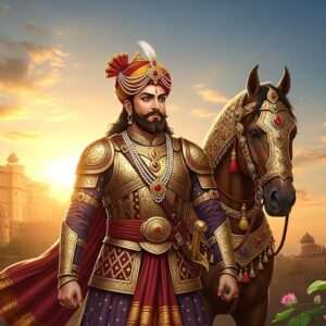 An illustrious depiction of Bappa Rawal, the legendary Indian ruler, dressed in traditional Rajput armor with intricate gold and maroon designs. He stands proudly against a backdrop of a grand, ancient fort reminiscent of Chittorgarh, bathed in the warm glow of a setting sun that casts ethereal golden hues across the scene. His regal demeanor is accentuated by the presence of a majestic horse beside him, adorned with ornate headgear. The sky is a blend of peacock blue and saffron, with delicate, glowing mandalas subtly woven into the clouds, symbolizing his enduring legacy and valor. In the foreground, traditional cultural motifs such as lotus flowers and peacock feathers add depth and richness to the scene. The art style combines hyperrealistic details with a touch of surrealism, capturing both the historical significance and modern aesthetic appeal.