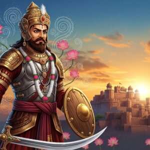 An imposing figure of Bappa Rawal, the legendary Rajput warrior, standing tall on a battlefield. He is depicted in resplendent traditional Rajput armor, adorned with intricate gold and maroon patterns. His expression is resolute and noble, with deep-set eyes that convey wisdom and courage. The background features a majestic fort under a twilight sky, with hues of peacock blue and saffron blending seamlessly. Soft glowing lights emanate from the horizon, casting an ethereal glow on the scene. Surrounding Bappa Rawal are stylized lotus motifs and delicate, swirling patterns reminiscent of Phad art. The scene captures the essence of bravery and heritage, blending traditional Indian art forms with modern digital aesthetics, suitable for a contemporary platform.