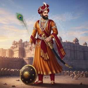 An elegant and dignified portrayal of Bappa Rawal, the legendary 8th-century king and founder of the Mewar dynasty. He is depicted in a regal pose, wearing traditional Rajasthani attire, including a richly embroidered turban with peacock feather, and a flowing golden robe adorned with intricate patterns. The scene captures him standing against a backdrop of an ancient fort reminiscent of Chittorgarh, bathed in the soft glow of dawn. The sky is painted in pastel hues of pink and blue, with ethereal wisps of clouds. Surrounding him are symbols of his legacy, such as a stylized Rajput shield and sword, and motifs of lotus flowers and mandalas subtly integrated into the background. The overall art style is a blend of historical accuracy with modern digital aesthetics, utilizing rich colors like maroon, saffron, and peacock blue, evoking a sense of reverence and admiration for this iconic figure in Indian history.