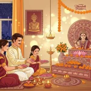 A serene and ethereal depiction of an Indian household beautifully illuminated for Diwali and Dhanteras. The scene captures a family engaged in traditional puja rituals; a mother and father, dressed in elegant traditional Indian attire, are seen lighting diyas (oil lamps) and offering flowers to a deity altar adorned with marigold garlands and glowing incense. The altar is intricately designed with motifs of lotus flowers and mandalas, reflecting a blend of Madhubani and modern digital art styles. Soft pastel hues of saffron, maroon, and peacock blue dominate the setting, while a gentle golden light bathes the room, creating a tranquil and harmonious atmosphere. The background shows a window with the silhouette of a festive night sky filled with fireworks, adding a touch of celebration and warmth to the scene. The overall composition is hyper-realistic, yet surreal, inviting viewers into a world of cultural richness and spiritual peace.