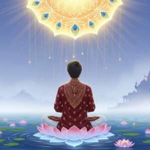 A serene, ethereal scene depicting a young Indian student sitting cross-legged on a lotus flower in a tranquil pond, surrounded by soft, glowing pastel hues of blue and pink. The student is dressed in traditional attire with a modern twist, wearing a maroon kurta with intricate gold patterns. Above, a luminous mandala with hints of saffron and peacock blue radiates light. Delicate golden threads of blessings flow from the mandala, gently enveloping the student. In the background, a subtle silhouette of an ancient temple with peacock motifs is visible through the soft mist. The atmosphere is peaceful, with a harmonious blend of tradition and modernity, symbolizing the journey of academic success through divine blessings.