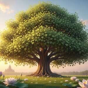 A majestic Bodhi Tree, with a wide and intricate canopy of heart-shaped leaves, glowing subtly in a serene, ethereal light. The tree stands in a tranquil setting, with soft golden light filtering through its branches, casting gentle shadows on the lush, green grass beneath. In the background, a faint silhouette of an ancient temple can be seen, adding a touch of historical reverence. The scene is enveloped in a surreal atmosphere with pastel hues of dawn—soft blue and pale pink sky, and warm gold highlights. Delicate lotus flowers bloom at the tree's base, enhancing the spiritual aura. The art style is hyperrealistic, merging traditional Indian motifs with modern digital aesthetics, inviting viewers into a peaceful contemplation of enlightenment and the sacredness of the Bodhi Tree.