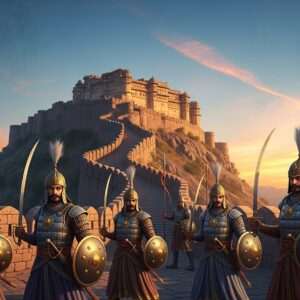 A majestic view of Jalore Fort, perched atop a hill of rugged granite, bathed in the soft glow of the setting sun. The scene is serene and surreal, with the fort's ancient stone walls reflecting shades of saffron and maroon. In the foreground, a group of Indian warriors from history, clad in traditional armor with intricate patterns, stand valiantly. They hold swords and shields, symbolizing bravery and gallantry. The background features peacock blue skies with delicate pastel clouds, enhancing the ethereal ambiance. A subtle overlay of cultural motifs like mandalas and lotus flowers adds a spiritual dimension to the image. The art style is hyperrealistic, with a modern digital aesthetic, capturing the essence of Jalore's rich history and timeless strength.