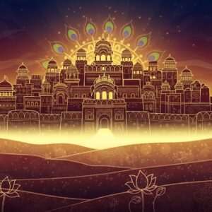 A majestic depiction of Jalore Fort, set against a deep maroon and peacock blue sky with golden and saffron hues illuminating the scene. The fort's intricate architecture is highlighted with patterns reminiscent of Madhubani art, capturing its ancient grandeur. In the foreground, a serene landscape with stylized lotus flowers and mandalas subtly integrated into the terrain. A soft glow bathes the scene, giving it an ethereal, spiritual aura. The overall atmosphere is one of historical richness and cultural depth, blending tradition with modern digital aesthetics to captivate and intrigue viewers at first glance.