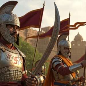 A majestic, intricately detailed Indian fort perched atop a rugged hill, surrounded by lush greenery and vibrant maroon and saffron banners fluttering in the breeze. In the foreground, traditional Indian warriors clad in ornate armor stand with poised, dignified expressions, their presence reflecting the rich history of Jalore. The scene is bathed in warm, golden light, casting soft shadows and highlighting the elaborate carvings on the fort's stone walls. The sky is a blend of deep peacock blue and warm gold hues, dotted with ethereal, soft pastel clouds. The atmosphere is serene yet grand, capturing the essence of ancient heritage with a modern digital aesthetic that draws in the viewer with its surreal and spiritual undertones.