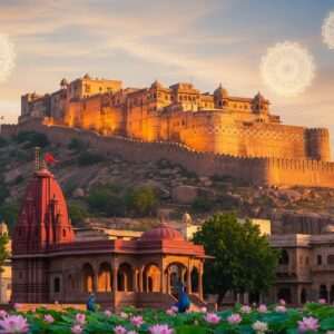A serene depiction of Jalore's majestic landscape with an ethereal glow, showcasing the ancient fort perched atop the granite hill. The scene is bathed in warm golden light, highlighting the intricate patterns and motifs of traditional Indian architecture. In the foreground, a tranquil temple adorned with vibrant maroon and peacock blue hues, surrounded by lush greenery and blooming lotus flowers. The sky is a blend of pastel colors with soft, glowing mandalas subtly embedded in the clouds. This hyperrealistic scene is infused with spiritual symbolism and cultural heritage, inviting viewers into a mystical journey through Jalore's inspiring essence.