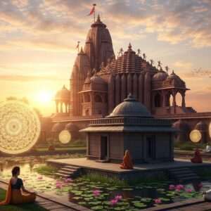 A captivating scene of Jalore's sacred temples, featuring an intricately detailed Jain temple with its unique spires and architectural elements, bathed in the soft, ethereal glow of a sunrise. In the foreground, a serene Yogini temple surrounded by lush greenery and lotus-filled ponds, with gentle, glowing mandalas floating in the air. Indian figures in traditional attire are seen meditating peacefully near the water's edge, embodying a sense of tranquility and spiritual connection. The color palette includes deep maroons, saffron, and peacock blue, with delicate patterns inspired by Madhubani and Pattachitra art styles. The overall atmosphere is serene and inviting, capturing the essence of ancient heritage with a touch of modern digital aesthetics.