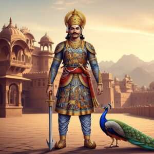 A regal Indian warrior in traditional royal attire, showcasing the grandeur of Bappa Rawal, known as Kalbhoj. He stands tall and proud, wearing a richly adorned golden crown and intricately patterned armor that reflects the fusion of Madhubani and Pattachitra art styles. The background is a blend of historical Rajasthan architecture with an ethereal, surreal glow, bathed in warm gold and maroon hues. A majestic peacock stands beside him, symbolizing royalty and grace. The scene is set against a backdrop of serene mountains and a soft, pastel sky, evoking a sense of history, legacy, and cultural pride. The lighting is soft yet dramatic, enhancing the intricate details and vibrant colors, creating a timeless yet modern visual narrative.