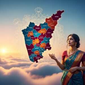 An ethereal landscape showcasing a modern, stylized map of Karnataka, with vibrant, deep colors like peacock blue and maroon. The map features intricately designed taluk boundaries, glowing softly in saffron and gold hues, surrounded by traditional Indian motifs such as mandalas and lotus flowers. In the foreground, an Indian woman dressed in a contemporary fusion saree looks thoughtfully at the map, her expression serene yet curious. She is adorned with subtle gold jewelry, embodying a harmonious blend of tradition and modernity. The background is filled with soft pastel clouds and a gentle glow, creating a tranquil and inviting atmosphere. The art style is hyperrealistic with a touch of digital fantasy, emphasizing the blend of cultural heritage with innovative aesthetics.