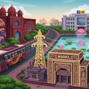 A vibrant and bustling cityscape of Amravati, with a harmonious blend of traditional and modern elements. In the foreground, an intricately designed MSEDCL power station with glowing golden energy lines flowing like patterns of a Madhubani painting. To the left, an elegant MSRTC bus in rich maroon and saffron hues, adorned with stylized peacock motifs, gracefully navigating through the streets. On the right, an LIC office building with a serene lotus pond at its entrance, reflecting pastel-colored clouds in the sky. The scene is illuminated with soft, ethereal lighting, highlighting the cultural motifs and deep colors that symbolize the city's rich heritage and progressive future. The overall tone is serene yet dynamic, inviting readers to explore the article and delve into the details of these essential public services.